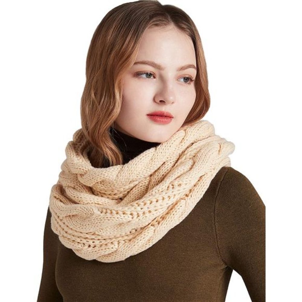Women's Thick Ribbed Knit Winter Infinity Circle Loop Scarf - Twist Beige